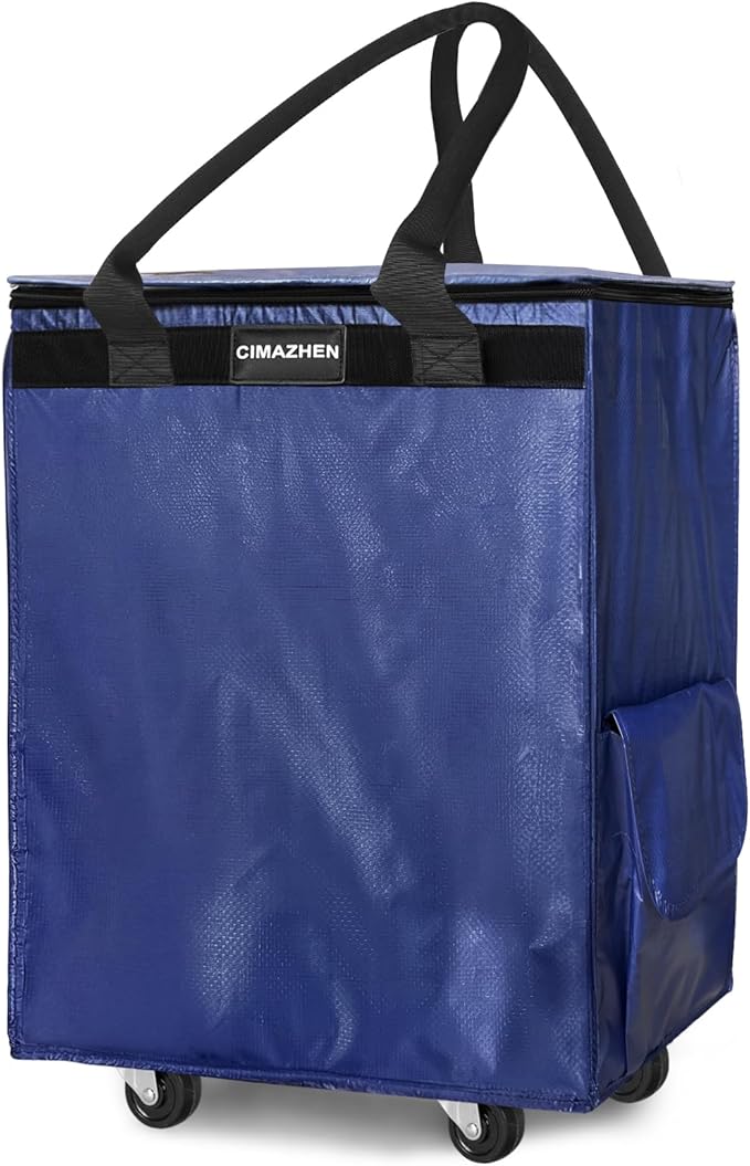 (Medium,Blue) Reusable Grocery Bag on Wheels, Foldable Rolling Tote Bag with 3 Handles and Zipper, Storage Organizer for Clothes & Groceries, Rolling Shopping Cart for Trips, 76lb