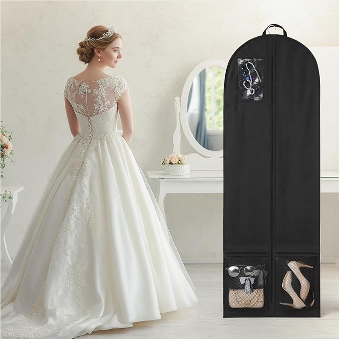 72'' Wedding Gown Dress Garment Bag, 8"/20"'' Gusseted Garment Cover for Puffy Bridal Gowns Cover, Travel Garment Storage Bag for Prom, Cosplay, Evening Gowns (Black, 1Pack 72")