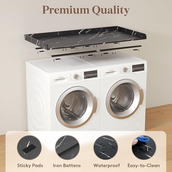 Lifewit Washer Dryer Countertop, Melamine Covers with Edge Rails for The Top, Laundry Room Storage and Organization, Spice Type, Hold 200lbs, Black Marble, 54" x 27.5"