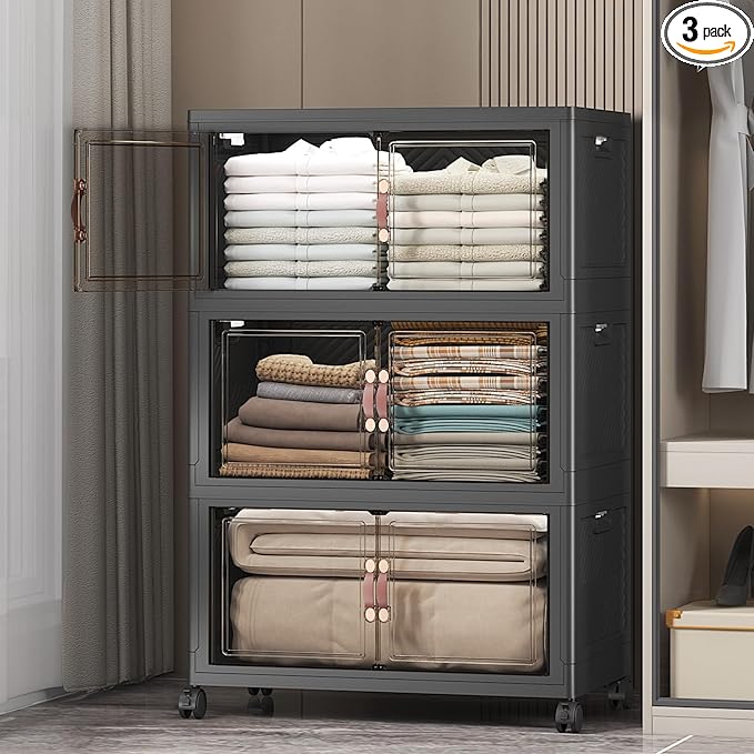 Extra Large Stackable Storage Bins with Lids & Wheels & Door,Foldable Collapsible Closet Organizers, Plastic containers drawers for bedroom Dorm (Dark-112QT, 3Pack with 1 top lid)