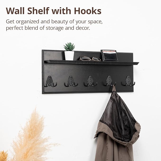 Rustic Wall Mounted Coat Rack with Shelf Wooden Entryway Organizer with 5 Metal Hooks for Coats Hats Towels Keys Floating Storage Shelf for Bathroom Bedroom (Black, 40 inch (7 Hooks))