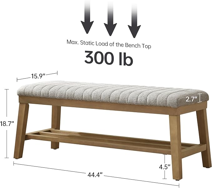 VKNOW Entryway Bench, 44.4" Upholstered Storage Shoe Bench for Entryway & Bedroom, Shoe Rack Bench with Rubberwood Legs, Modern End of Bed Bench for Living Room and Hallway, Beige