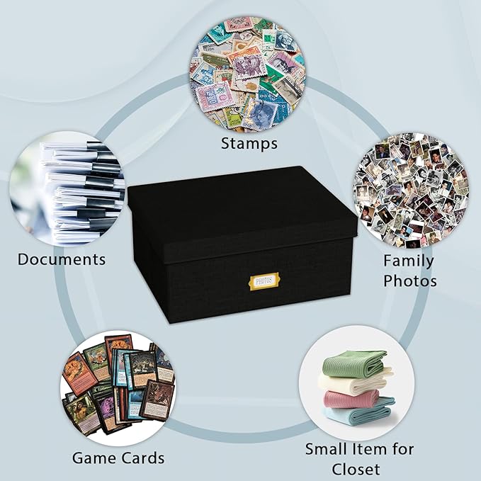 Decorative Photo Storage Box - Linen Photo Box Organizer with Dividers, Fits Holds Up to 1700 Pictures and 5x7 Photos, Memory Keepsake Organizer for Photos, Scrapbook Supplies, Cards, Stamps (Black)
