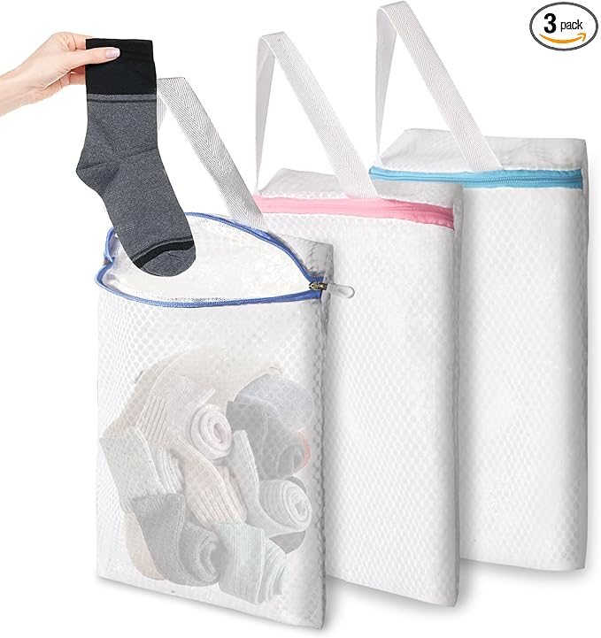 3-PACK Hanging Mesh Laundry Bags with S Metal Hooks,10x12 Inch Hanging Socks Laundry Bags for Washing Machine