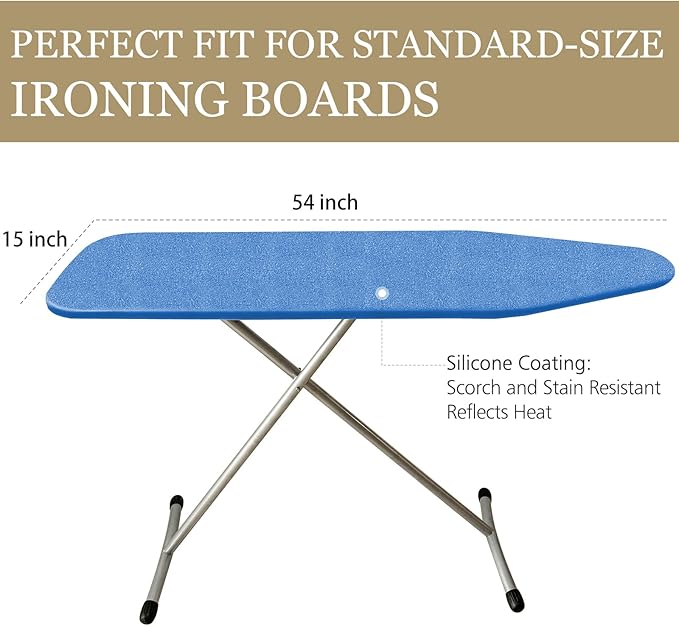 Ironing Board Cover and Pad, 15 x 54 Inch Standard Size, Extra Thick Padding, Silicone Coated Surface, Scorch and Stain Resistant, Elastic Edges, Adjustable Fastener. (Blue, 15＂× 54＂)