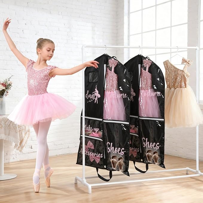 DEEKA Dance Garment Bag for Hanging Clothes with Zipper Pockets Dance Accessories Essentials Uniform Costume 40 Inch Dress Bags for Dance Competition Girls (Black,Pink-Dance)