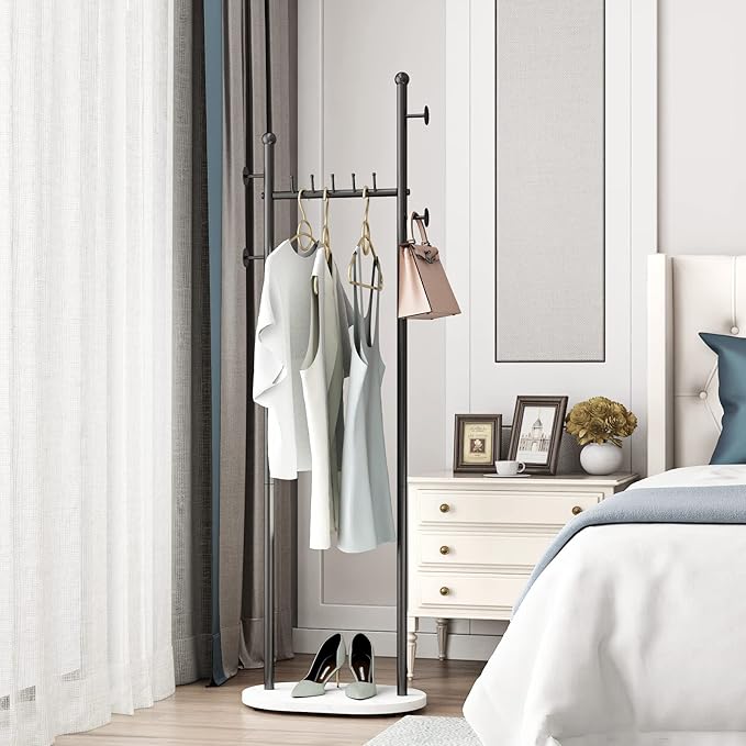 Black Clothing Rack With Shelves, Modern Coat Rack Freestanding with Marble Base, Hat Tree Coat Rack Standing Clothes Racks for Boutique，Bedroom