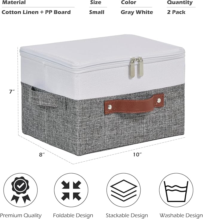 2 Pack Storage Boxes with Zipper Lid Cotton Linen Fabric Lidded Storage Bins Baskets Foldable Washable Closet Shelf Clothes Organizer Container Faux Leather Handles (Gray White, Small)