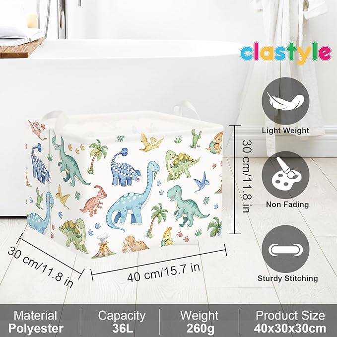 Clastyle Boho Dinosaur Laundry Basket Palm Tree Kids Clothes Book Storage Basket Gift Toy Box for Bedroom Decor,Pterosaur,40x30x30 cm