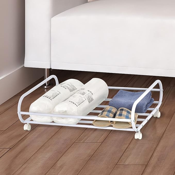 MyGift 24-Inch Rolling Stainless Steel Silver Metal Under Bed Storage Cart, Space Saving Organizer Rotating Wheels