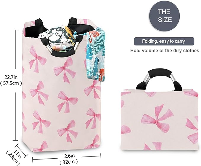 xigua Pink Bow Large Laundry Hamper with Handle, Foldable Clothes Hamper Collapsible Storage Basket for Toys and Clothes Organization in Bedroom, Bathroom, and Laundry Room