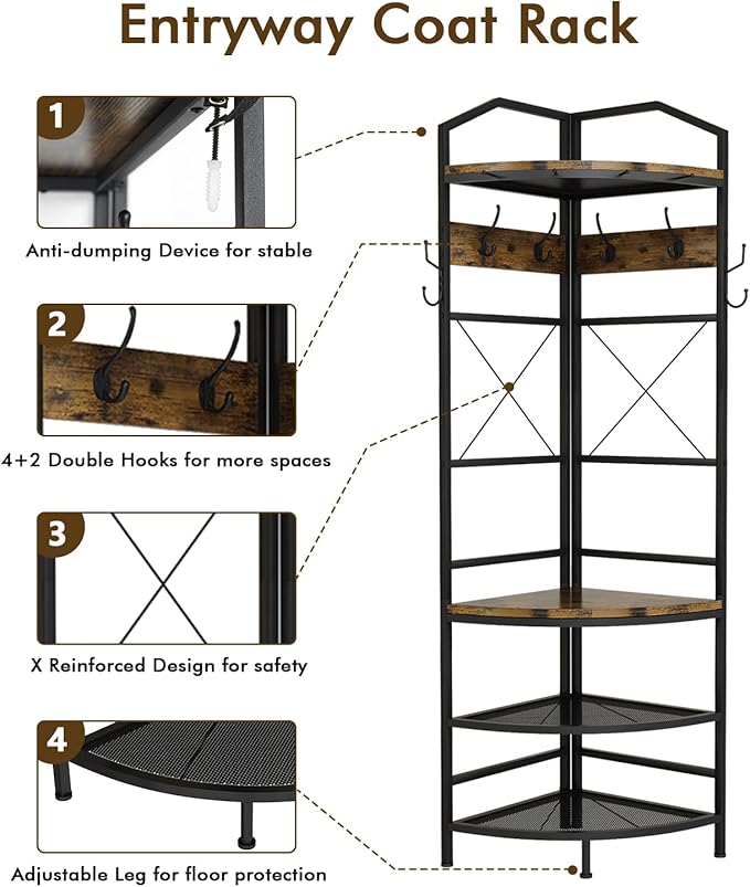 DKLGG 4-Tier Corner Coat Rack with Storage for Entryway, Farmhouse Corner Hall Tree with Bench and 6 Metal Hooks, Freestanding Clothes Rack for Home Office Bedroom