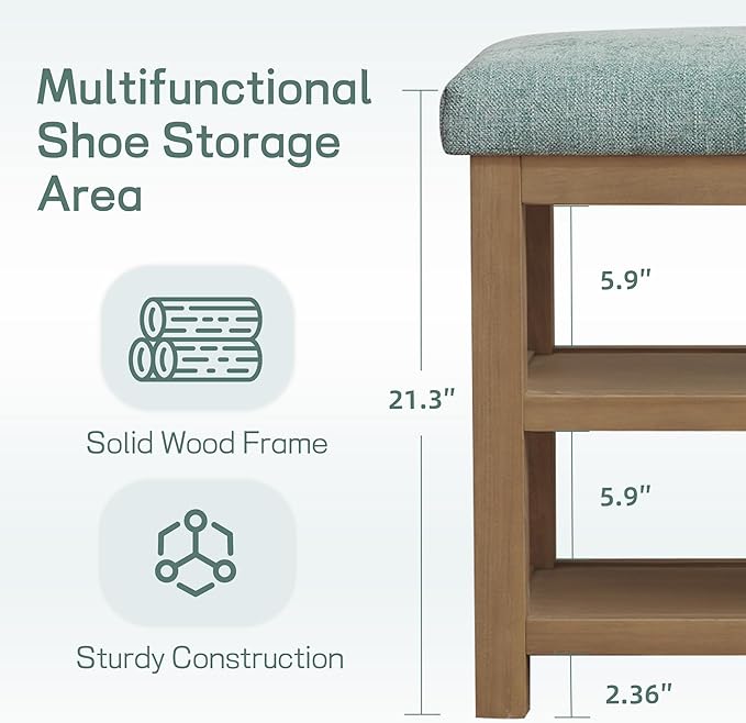 Shoe Rack Bench with Cushion, 2 Tier Solid Wood Storage Bench, Mid-Century Modern Shoe Bench for Entryway, Hallway, Closet, Front Door Entrance, Foyer (Teal, 46.5")
