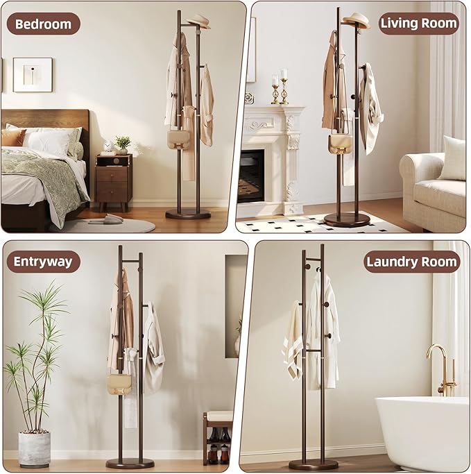 CozyDH Coat Rack Wooden Freestanding - Wood Coat Rack Freestanding Heavy Duty, Wooden Coat Stand with 6 Hooks Creative Look for Entryway, Hallway, Bedroom (Dark Walnut)
