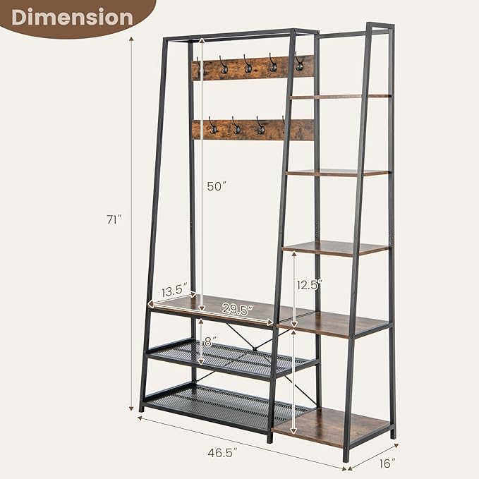 Giantex Coat Rack with Shoe Bench, Industrial Hall Tree with Storage Bench, 9 Hooks, 5 Side Shelves, Accent Large Shoe Rack Bench with Storage Shelf Hanging Bar for Entryway, Hallway (Rustic Brown)