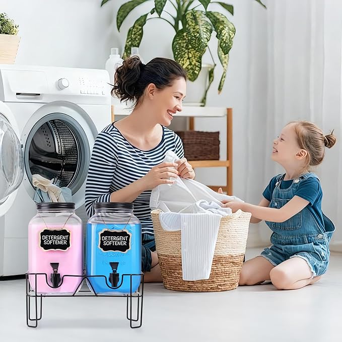 2 Sets 1 Gallon Glass Laundry Detergent Dispenser with Stand, Measuring Cup, Soap Dispenser for Laundry Room, Liquid Laundry Detergent for Liquid Detergent, Fabric Softener