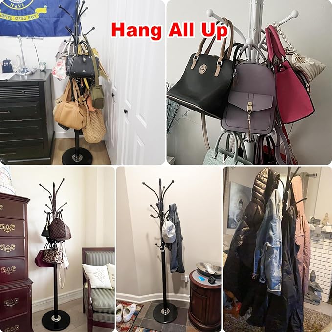 Kertnic Metal Coat Rack Stand with Natural Marble Base, Free Standing Hall Tree with 12 Hooks for Hanging Scarf, Bag, Jacket, Home Entry-way Hat Hanger Organizer (Bronze)