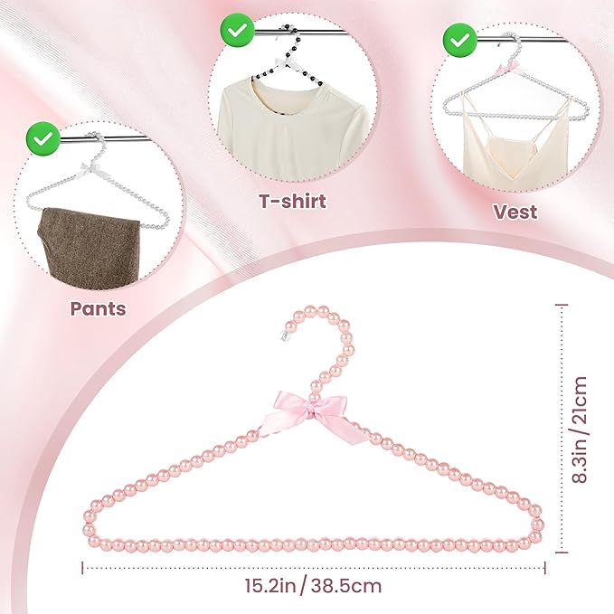 Concepts Premium Heavy Duty Pearl Hangers with Ribbon Trim for Wedding and Engagement Gowns - Slim Design Also Can Be Used for Suits and Shirts (Pink/White, 5 Pack)