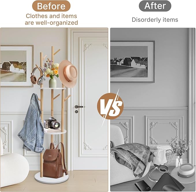 LIWSHWZ Solid Wood Coat Rack Freestanding,Coat Hanger Stand with 3 Shelves and 9 Hooks,Hall Tree for Bedroom, Entryway, Livingroom, Coat Hanger Stand for Coats, Scarves, Handbags