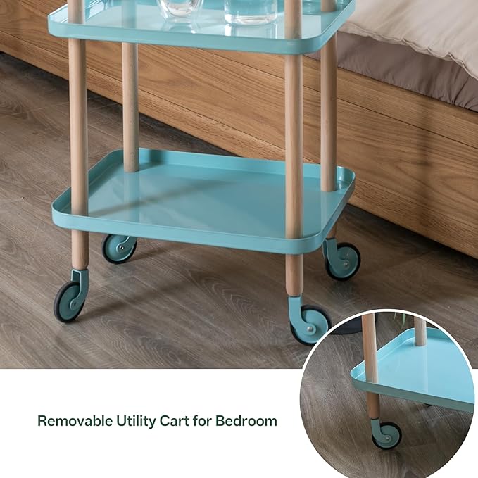 Rolling Storage Cart, 3 Tier Bathroom Organizer Mobile Shelving Unit, Metal Utility Cart Tower Rack with Beech Wood Frame for Kitchen Laundry Narrow Places(13.77"D x 19.68"W x 32.08"H, Blue)