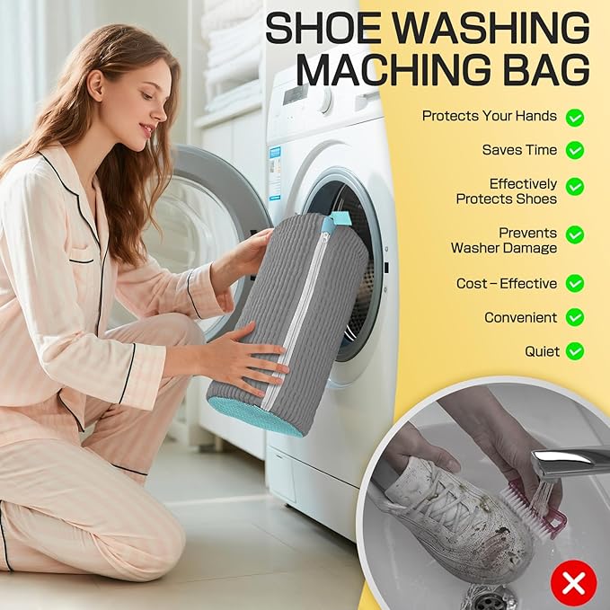 Shoe Washing Machine Bag,Reusable Laundry Cleaning bags for Washer and Dryer Fluffy Fibers 360° Wrap-Around Cleaning for All Shoes with Adjustable Shoe Trees & Dust-Proof Bag (Grey 4Pcs)