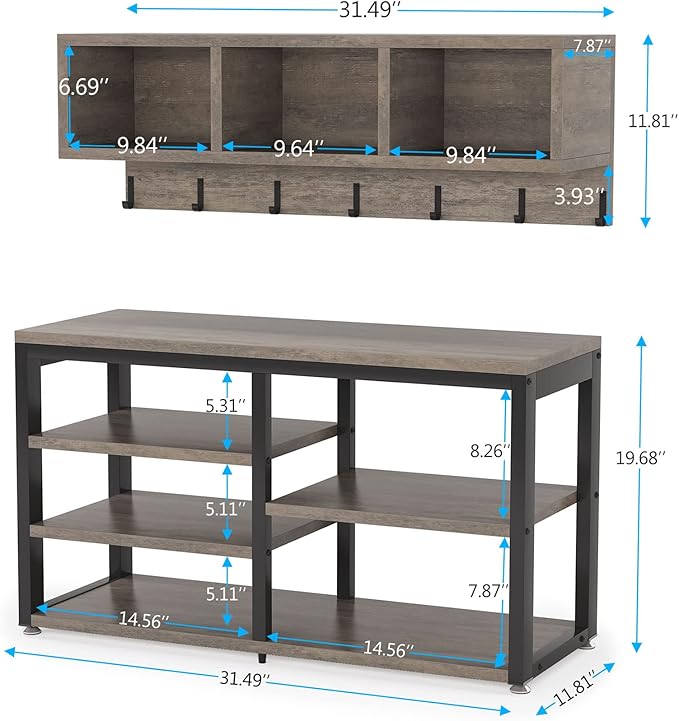 Tribesigns Coat Rack Shoe Bench Set Industrial, Hall Tree with 3 Storage Cubbies, 7 Hooks for Entryway, Hallway, 5-in-1Design, Vintage Grey