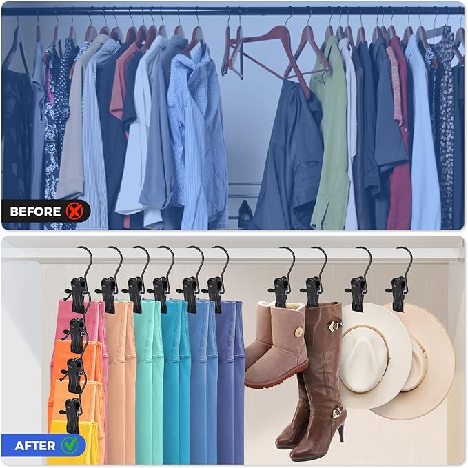 20 Pcs Boot Hangers Clips for Closet, Heavy Duty Legging Organizer for Closet Hanging Pants Hangers with Clips Clothes Pins Hanger Clips Laundry Hooks Bra Towel Socks Hats Tall Boots Home Travel Black