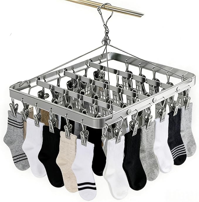 Clothes Drying Racks Clip Hangers Metal with 36 Clips Windproof Hook Underwear Hanger Foldable Laundry Clip for Socks Bras (Silver)