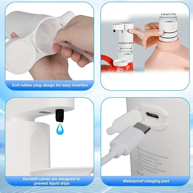 Electric Laundry Detergent Dispenser with Graduated Cup, Smart Laundry Detergent Pump, 2000mAh Rechargeable Fabric Softener Dispenser with Lock Function, for Laundry Room Organization (White)