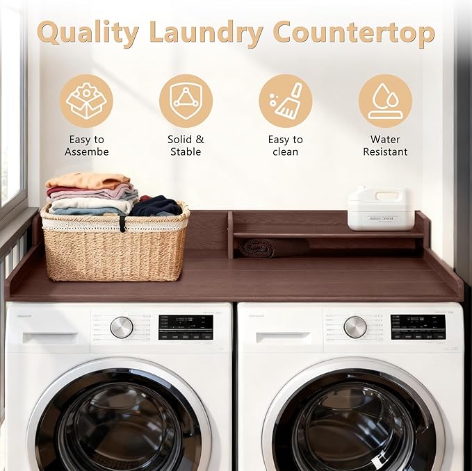 Washer and Dryer Countertop with Shelf, HDPE 2-Tier Laundry Countertop, 54" Wide Laundry Machine Topper with 2 Hooks & Non-Slip Pads for Laundry Room Organization and Folding Clothes (Brown)