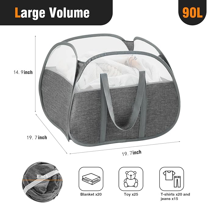 TECHMILLY Pop Up Foldable Laundry Basket, 90L Large Capacity Square & Tear Proof Laundry Hamper with Reinforced Handles for Dirty Clothes Storage in Dorm, Laundry Room, Bathroom, Grey(Fabric)