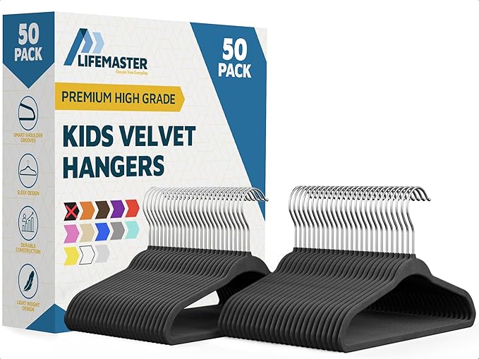 Black Velvet Kids Hangers 50 Pack, 10.83" Non-Slip Baby & Toddler Hangers for Clothes, Space-Saving Slim ABS Plastic with 360° Swivel Hook & Notched Shoulders, Up to 10 lb Capacity