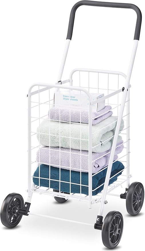 Whitmor Folding Utility Shopping Cart with Wheels, Heavy Duty Metal Grocery Cart, Portable Foam Handle, Rolling Collapsible Trolley for Groceries, Laundry, Storage, White