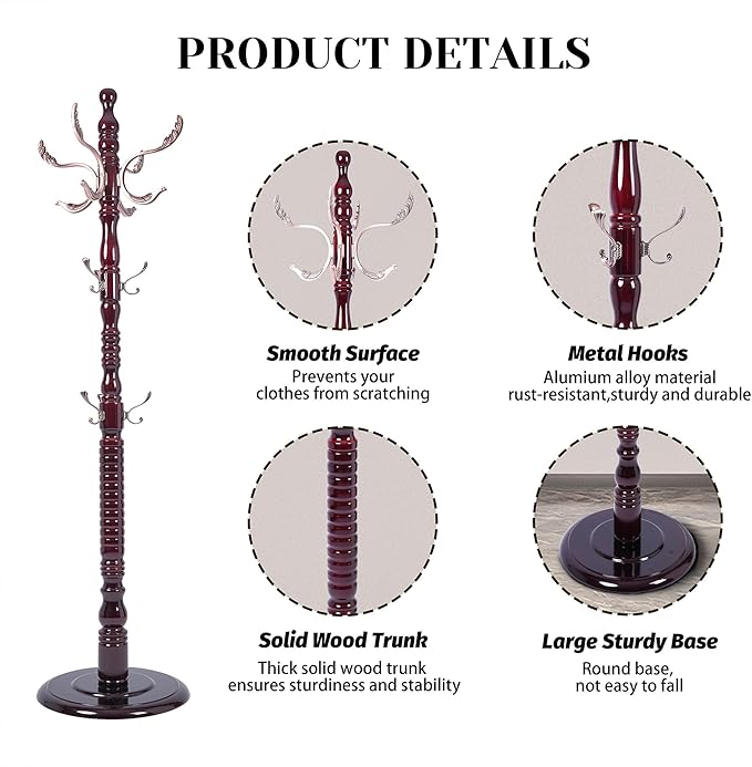 Solid Wooden Coat Rack Stand, Freestanding Coat Racks Tree with 20 Metal Hooks and 3 Adjustable Heights, Coat Hanger Stand with Sturdy Base for Coats,Hats,Bags, Living Room Bedroom Entryway Use