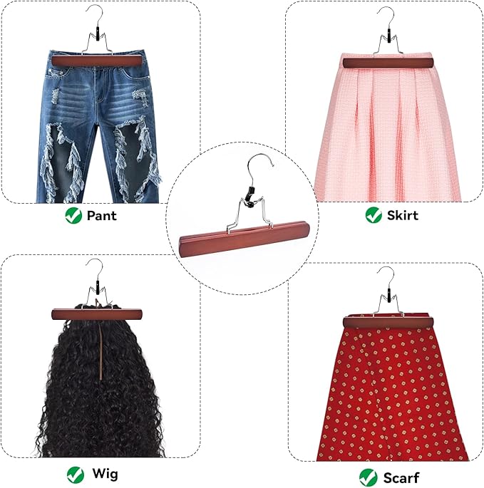 Nature Smile Wooden Non-Slip Pants Skirt Hangers - Smooth Finish Solid Wood Jeans Slack Clamp for Hair Extensions (20 Pack Cherry)