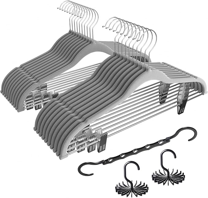 VECELO Premium Velvet Clothes Hangers Suit with Metal Clips (20 Pack)-Non Slip & Space-Saving with 1 Magic Hangers & 2 Tie Rack Excellent for Men and Women