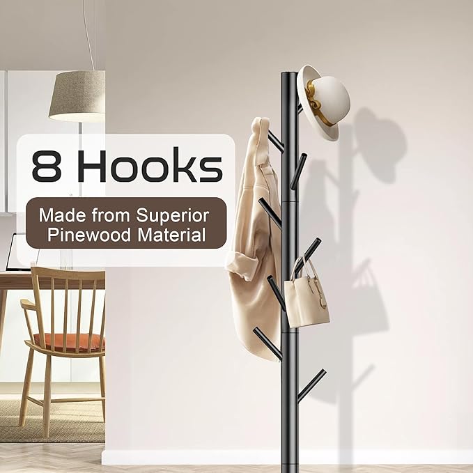 Wooden Coat Rack Stand, Freestanding Coat Rack with 8 Hooks, 3 Adjustable Size Coat Tree for Hats, Coats, Scarves bags, Coat Hanger Stand Used in Bedroom/Office/Entryway,2 PCS (Black)