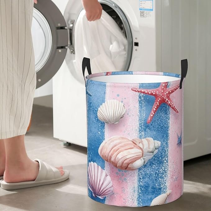 Ocean Seashell And Starfish Print Laundry Basket For Storage Bins Gift Baskets Bedroom Clothes Hamper