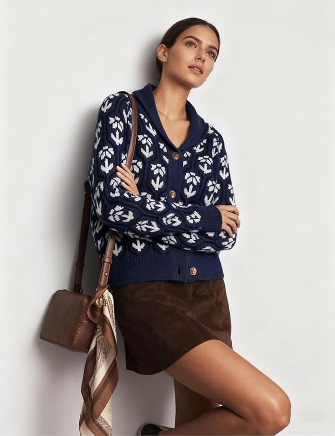 Women Floral Cropped Cardigan Sweaters Shawl Collar Long Sleeve Button Down Knit Jacket Flower Print Knitwear