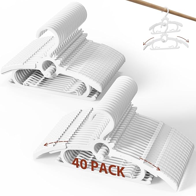 Baby Hangers 40PCS, 11"-14" Extendable and Stackable Kids Hangers, 45g Ultra-Thick Space Saving Non-Slip Plastic Hanger for Infant, Toddler and Nursery Closet (White-White-40)