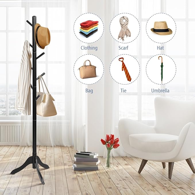 Tangkula Wooden Tree Coat Rack Freestanding, Entryway Coat Stand with 8 Hooks, Height Adjustable Coat Tree, Coat Hanger Stand for Home Office Hall Entryway