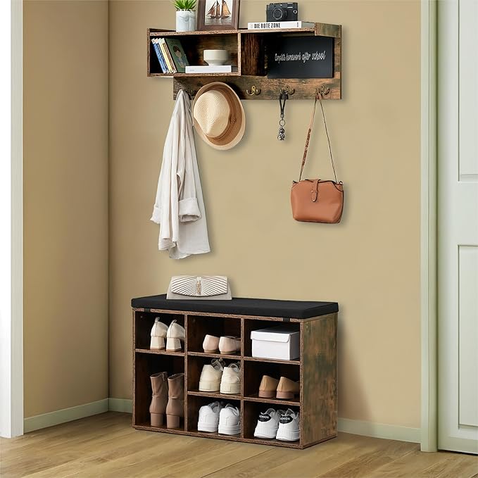 Entryway Shoe Bench with Coat Rack, Cushioned Storage Seat with Cubbies, Shoe Rack Bench for Front Door Entrance, Hall Tree with Hooks, Blackboard & Extra Storage for Entryway, Hallway & Living Room