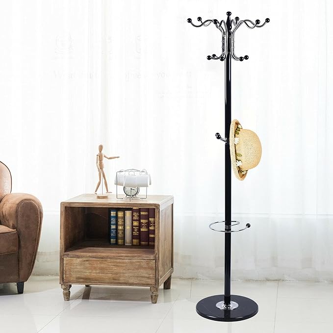 67" Metal Coat Rack Stand Satin Steel Marble Base with 16 Hooks Metal Tree Hat Rack & Coat Hanger Floor Standing Clothes Rack High-Grade Wall Bedroom Hall Entryway Organizer Storage,Black