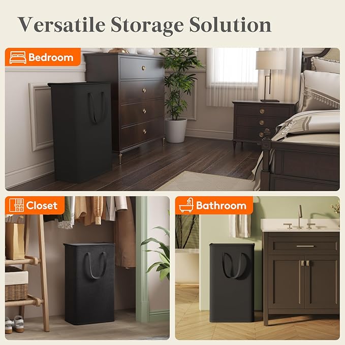 Lifewit 75L Slim Small Laundry Hamper, Laundry Basket with Lid, Dirty Collapsible Clothes Storage with Easy Carry Extended Handles, Tall Hampers for Bedroom Laundry Room, Black, 1 Pack