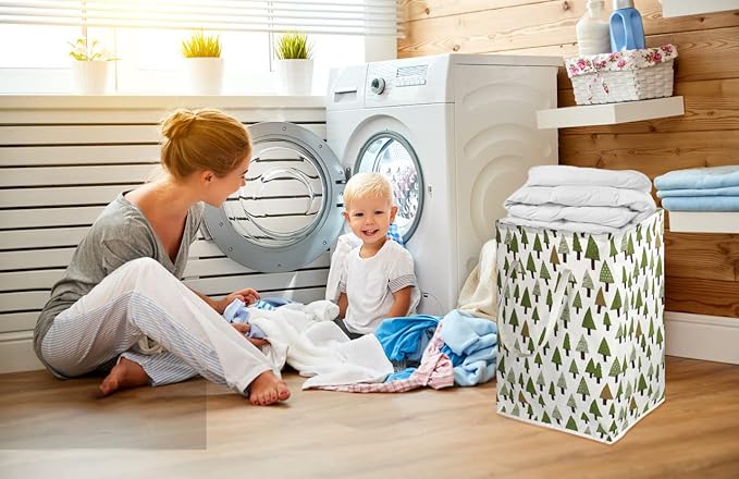 2 pack 75L Large Laundry Basket Green Laundry Hamper With Extended Handles, Freestanding Waterproof Clothes Hamper for Boys,Kids woodland decor, Nersery,Bedroom, Bathroom.(Green tree)