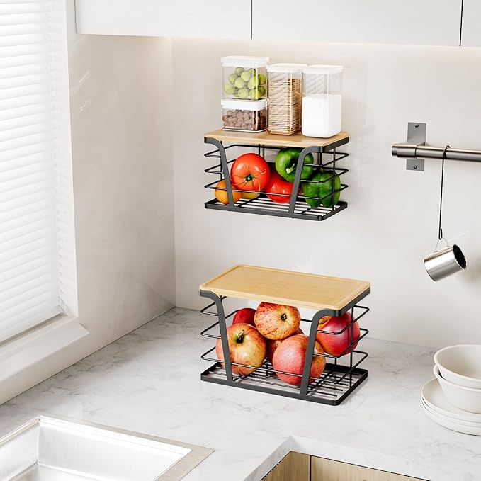 2 Pack Stackable Storage Laundry Kitchen Organizers, Wall Mount Trash Bag Holder with Bamboo Top and Garbage Bag Dispenser No Drill
