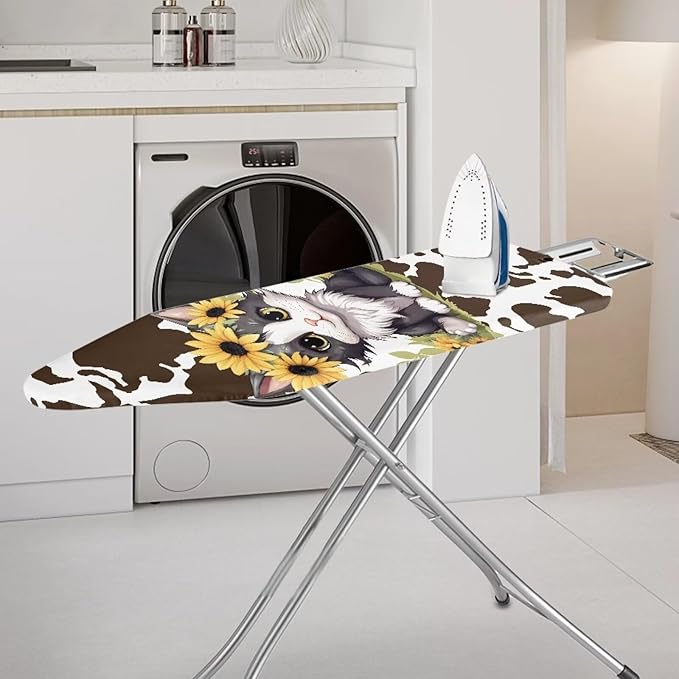 GLENLCWE Sunflower Cat Bronze Cow Ironing Board Cover with Hook and Loop,Cute Animal Print Ironing Board Cover Thick Replacement with Elastic Edge for Home
