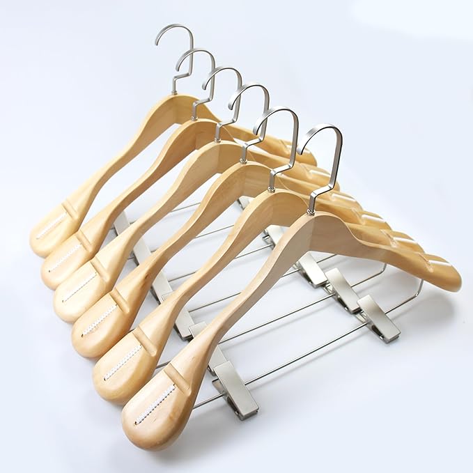 Luxury Wide Shoulder Wooden Coat Hangers with Pants Bar, Clips, Solid Wood Jacket Clothes Hangers Smooth Finish for Sweater Suit Dress Pants Sport Coats (Natural, 6 Pack)