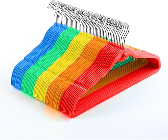 Multi-Color Premium Velvet Hangers with Mini Hooks, Pack of 50, Non Slip, Space Saving Cascading Clothes Hangers, Rainbow Colors, Red, Orange, Yellow, Green, Blue