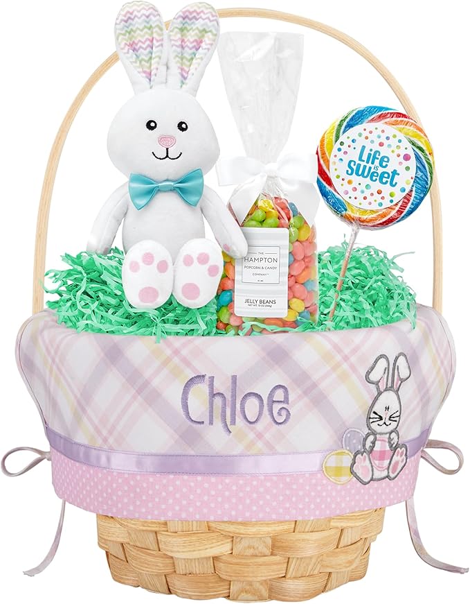 Let's Make Memories Personalized Easter Basket for Kids - For Boys - For Girls - Embroidered Name - Create Your Own - Fillable - Wicker - Easter Basket Stuffers - Medium - Pink Bunny Applique
